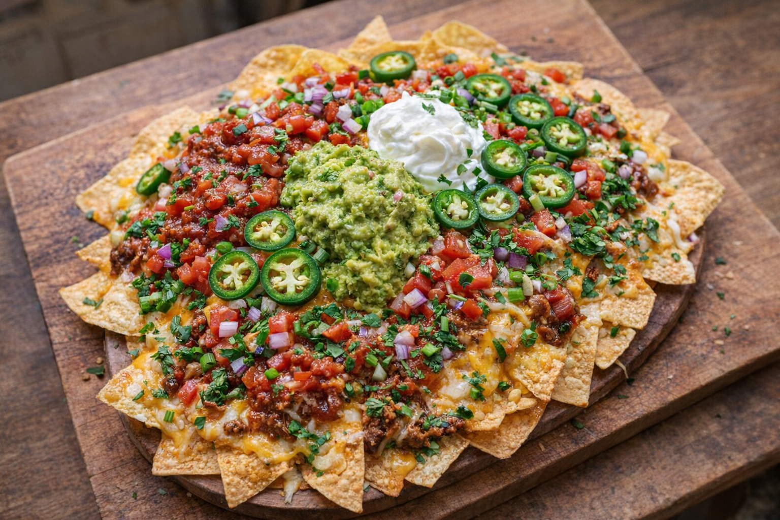 An overhead shot of a fully loaded nacho platter, featuring melted cheese, salsa, guacamole, sour cream, jalapenos, and various other colorful toppings, served on a rustic wooden board with a blurred background